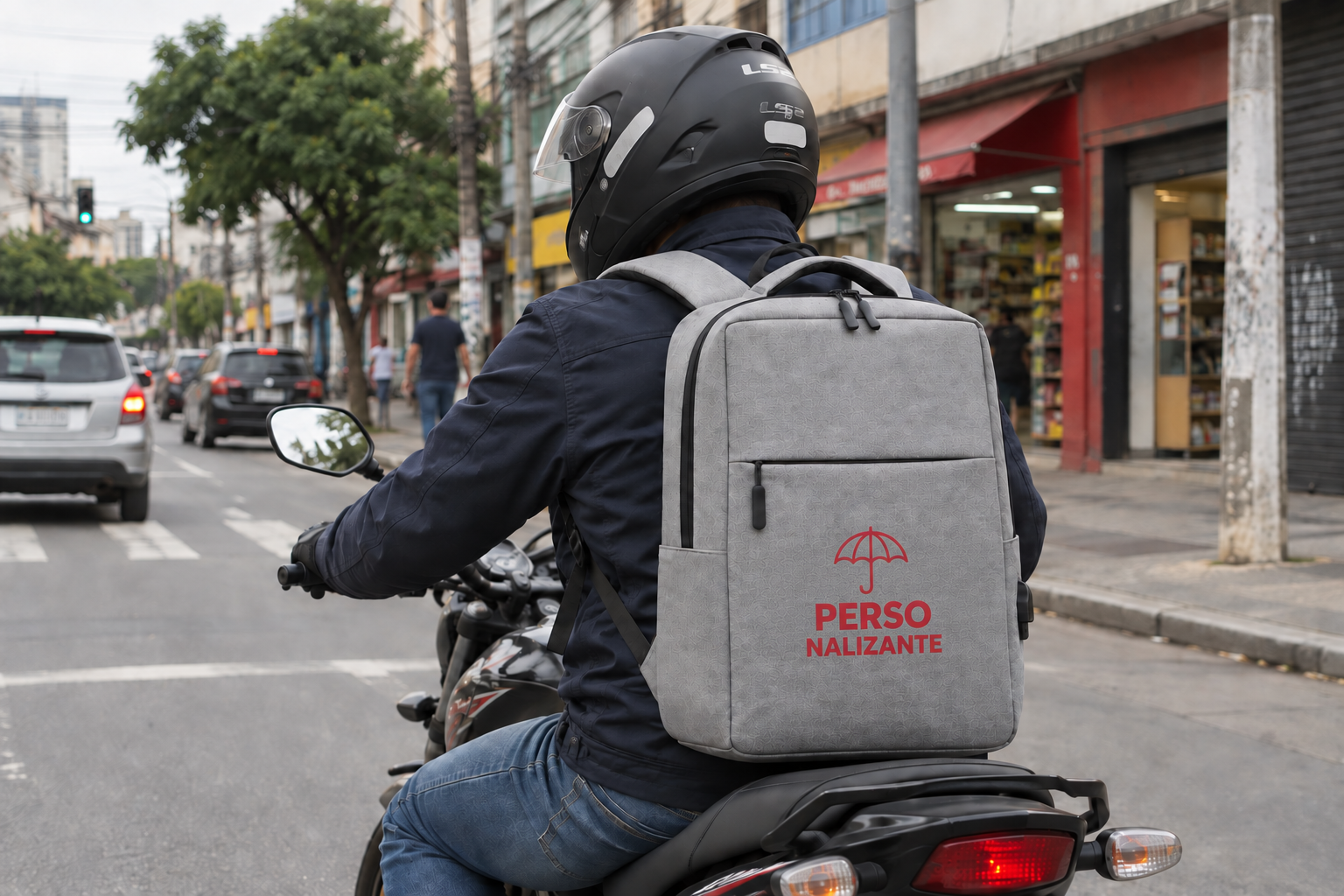 Motociclista pela cidade com a mochila cinza mais vendida, personalizada com a marca Personalizante